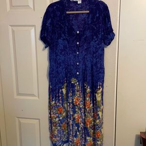 La cera cottage core button down maxi dress blue flower print 100% Rayon XL
